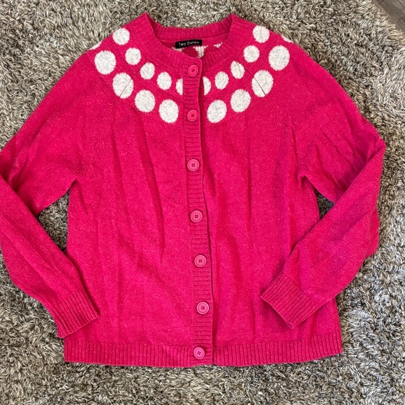 Two Danes women’s Pink Cardigan with White polka dots size large 100% lambswool - Picture 1 of 4